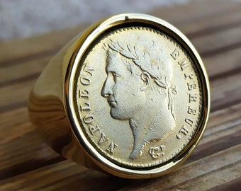 Bague Chevalière Ronde 20 Francs Napoléon Ier Bonaparte Acier Inoxydable Très Belle Finition Fait à la Main