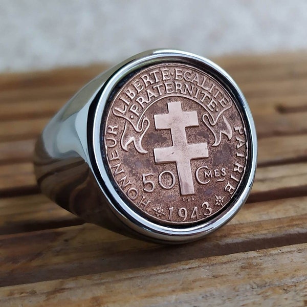 Bague Chevalière Véritable Pièce 50 centimes 1943 Croix de Lorraine Acier Inoxydable Très Belle Finition Fait à la Main