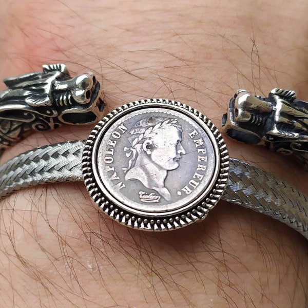 Bracelet Jonc Véritable Pièce en Argent Napoléon 1er Empereur Acier Inoxydable Très Belle Finition Fait à la Main