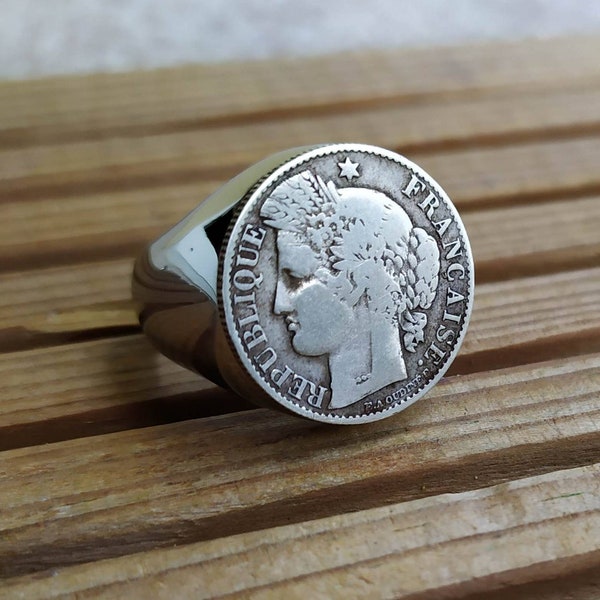 Bague Chevalière Véritable Pièce en Argent 50 centimes Cérès Fait à la Main