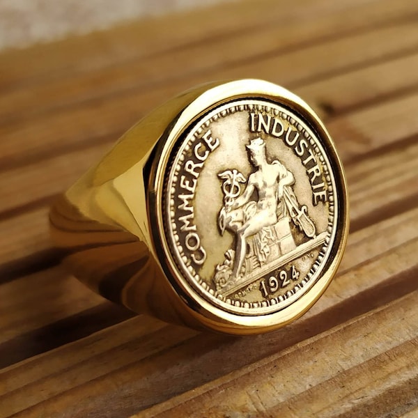 Bague Chevalière Véritable Pièce 50 Centimes Chambre de Commerce en Acier Inoxydable Très Belle Finition Fait à la Main