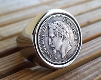 Bague Chevalière Véritable 50 Centimes Argent Napoléon III en Acier Inoxydable Très Belle Finition