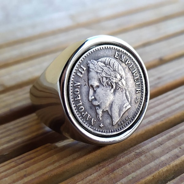 Bague Chevalière Véritable 50 Centimes Argent Napoléon III en Acier Inoxydable Très Belle Finition