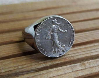 Bague Chevalière Véritable Pièce en Argent 50 centimes Semeuse Très Belle Finition Fait à la Main