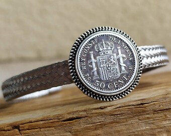 Genuine 50 Centimos Coin Alphonse XIII of Spain Bangle Bracelet in Stainless Steel Very Beautiful Finish