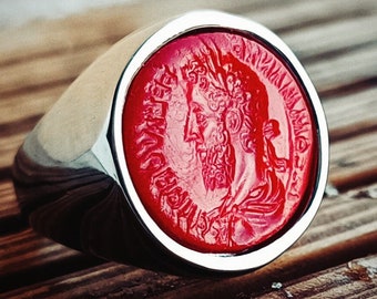 Emperor Marcus Aurelius signet ring, red polymer stone signet ring,  engraved stone ring, antique signet ring, signet ring