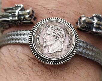 Bracelet Jonc véritable Pièce 50 centimes Napoléon III en Acier Inoxydable Massif Très Belle Finition