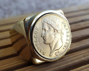 Bague Chevalière Carré 20 Francs Napoléon Bonaparte en Acier Inoxydable Doré Or fin Très Belle Finition