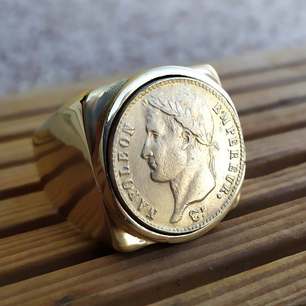 Bague Chevalière Carré 20 Francs Napoléon Bonaparte en Acier Inoxydable Doré Or fin Très Belle Finition