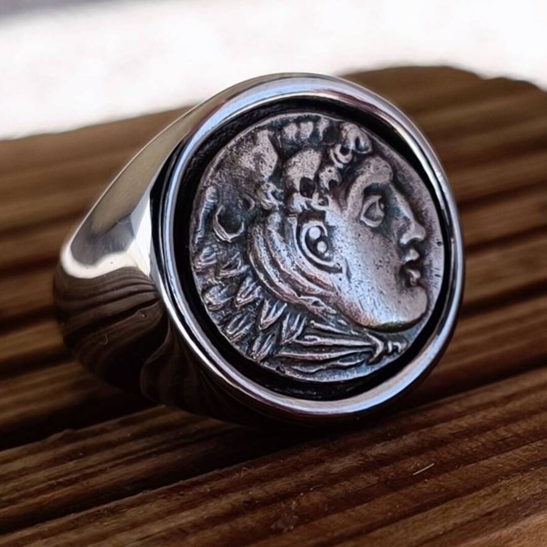 Alexander the Great Drachma Signet Ring, Stainless Steel, Handmade