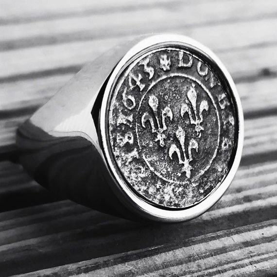 Signet Ring Genuine Double Tournament Coin of Louis XIII Stainless 