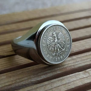 Signet Ring Genuine Cupronickel Coin 10 Groszy Poland Handmade