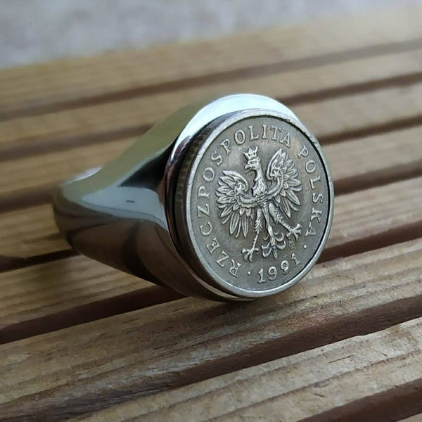 Bague Chevalière Véritable Pièce en Cupronickel 10 Groszy Pologne Fait à la Main