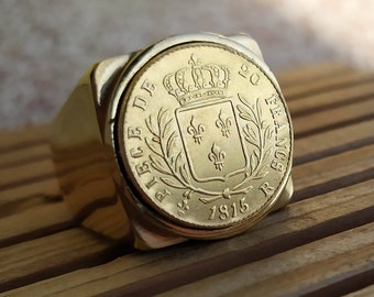 Bague Chevalière Carré 20 Francs Blason Royal France en Acier Inoxydable Doré Or fin Très Belle Finition