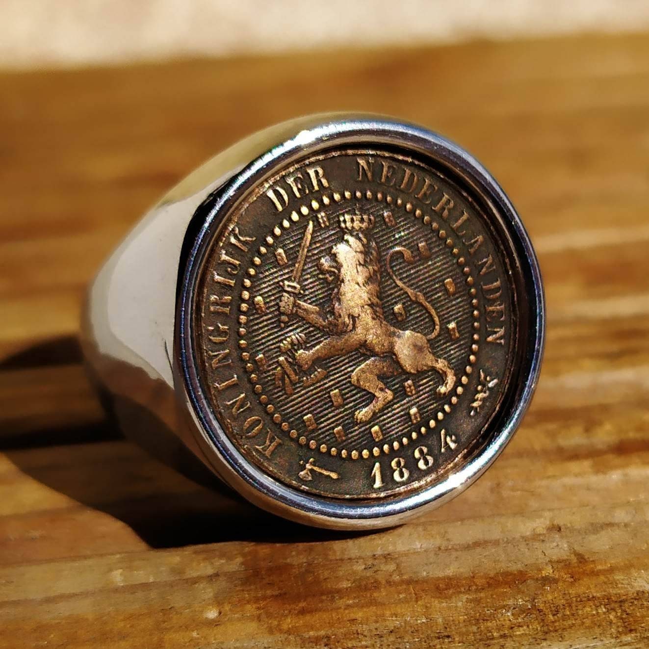 Lion King Signet Ring Genuine 1 Cent Coin From the Netherlands