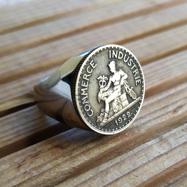 Bague Chevalière Véritable Pièce 50 Centimes Chambre de Commerce Fait à la Main