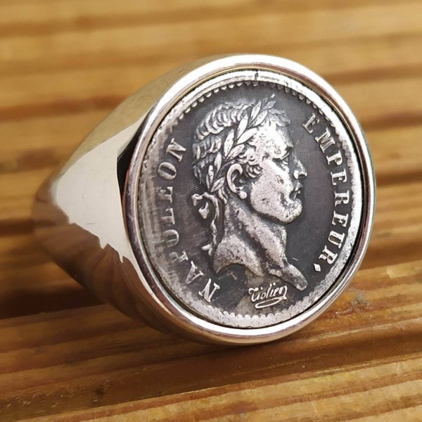 Bague Chevalière en Argent Massif Napoléon Ier Empereur Demi Franc Fait à la Main