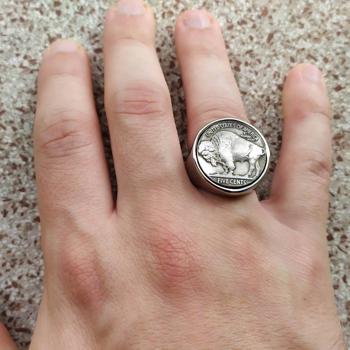 Genuine 5 Cent Coin Round Signet Ring Buffalo Nickel Stainless