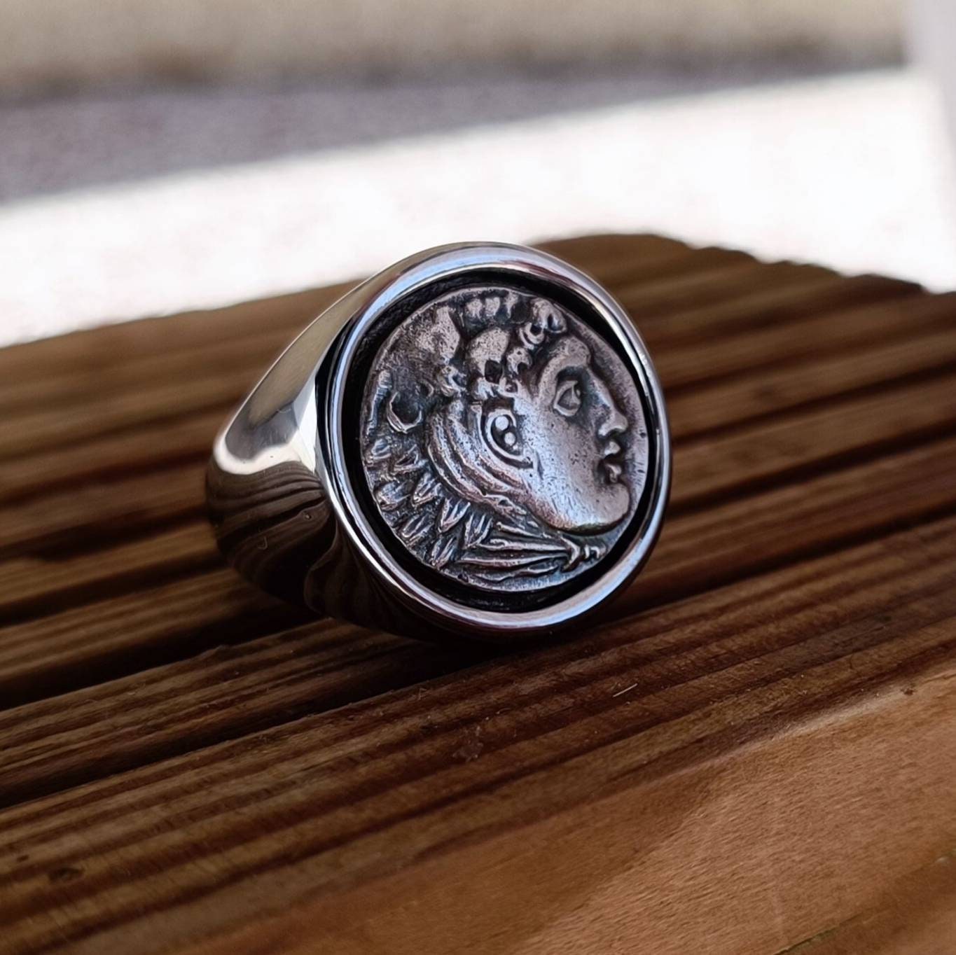 Alexander the Great Drachma Signet Ring, Stainless Steel, Handmade