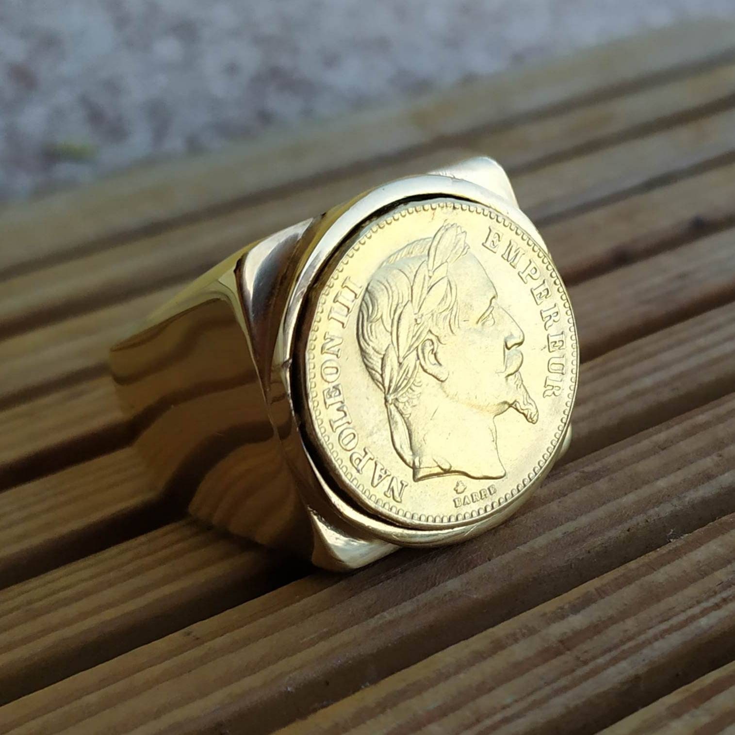 Square Signet Ring 20 Francs Napoleon III in Stainless Steel Gilded