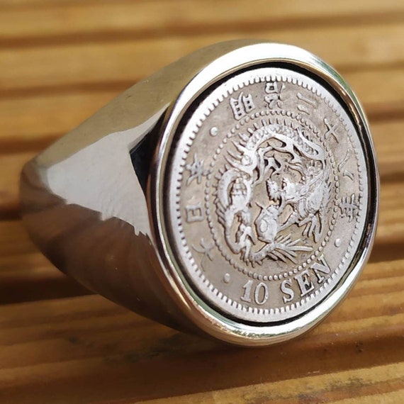 Signet Ring Genuine Silver Coin 10 Sen Meiji Dragon Stainless