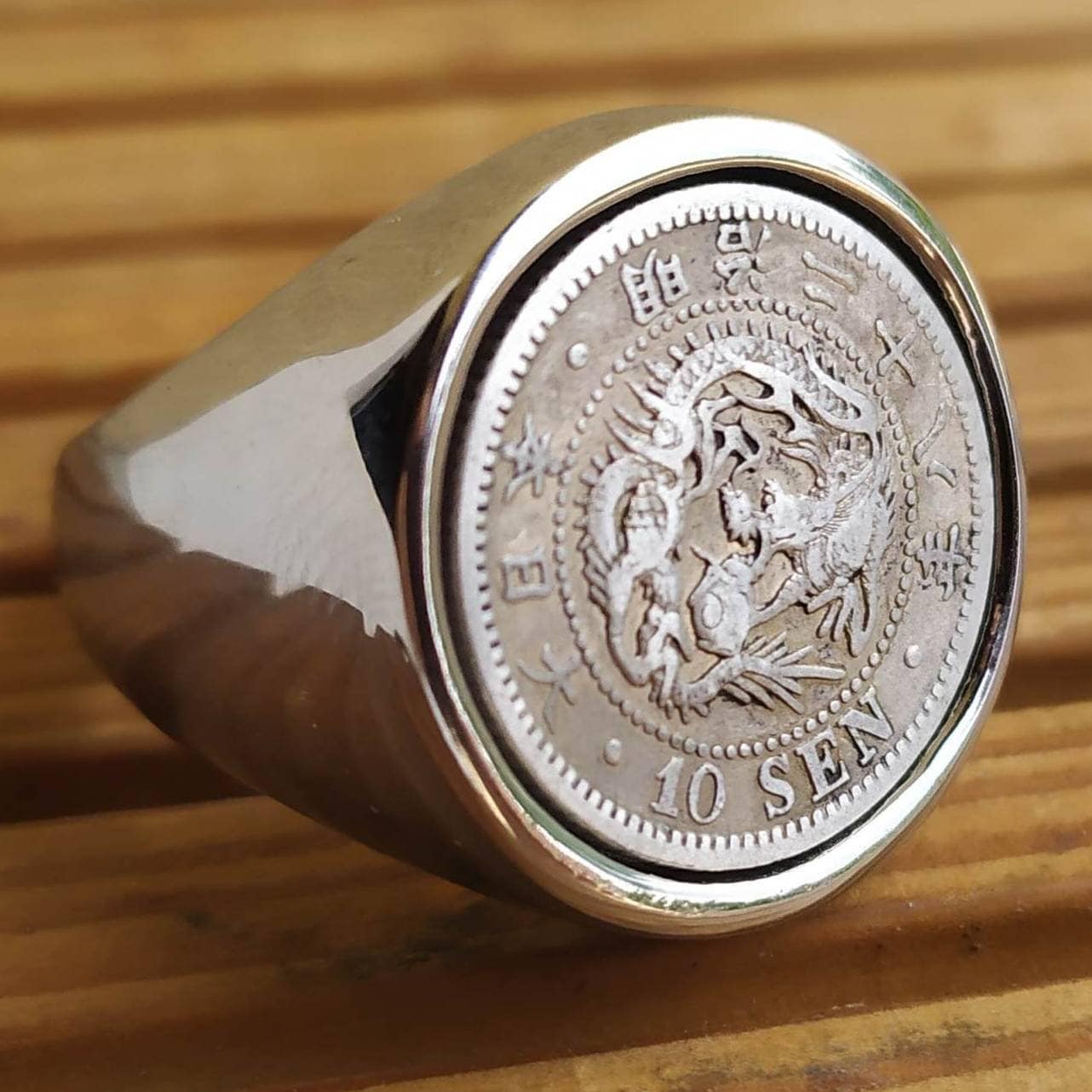 Signet Ring Genuine Silver Coin 10 Sen Meiji Dragon Stainless