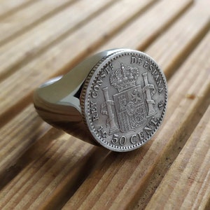 Genuine Silver Coin Signet Ring 50 Centimos Alfonso XIII of Spain Handmade