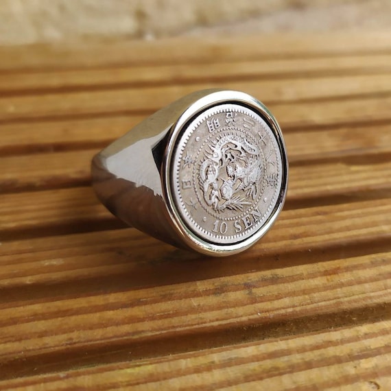 Signet Ring Genuine Silver Coin 10 Sen Meiji Dragon Stainless