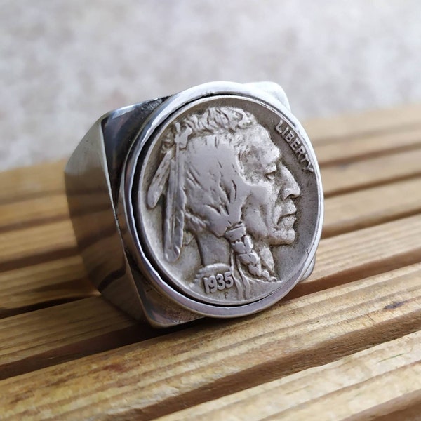 Signet Ring Real Coin 5 Cents Indian Buffalo Nickel Stainless Steel Very Beautiful Finish Handmade