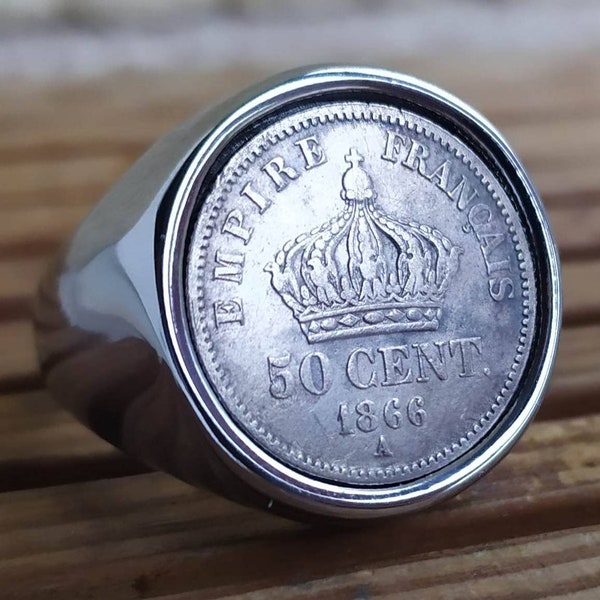 Bague Chevalière Véritable 50 Centimes Argent Napoléon III Côté Couronne Empire Français en Acier Inoxydable Très Belle Finition