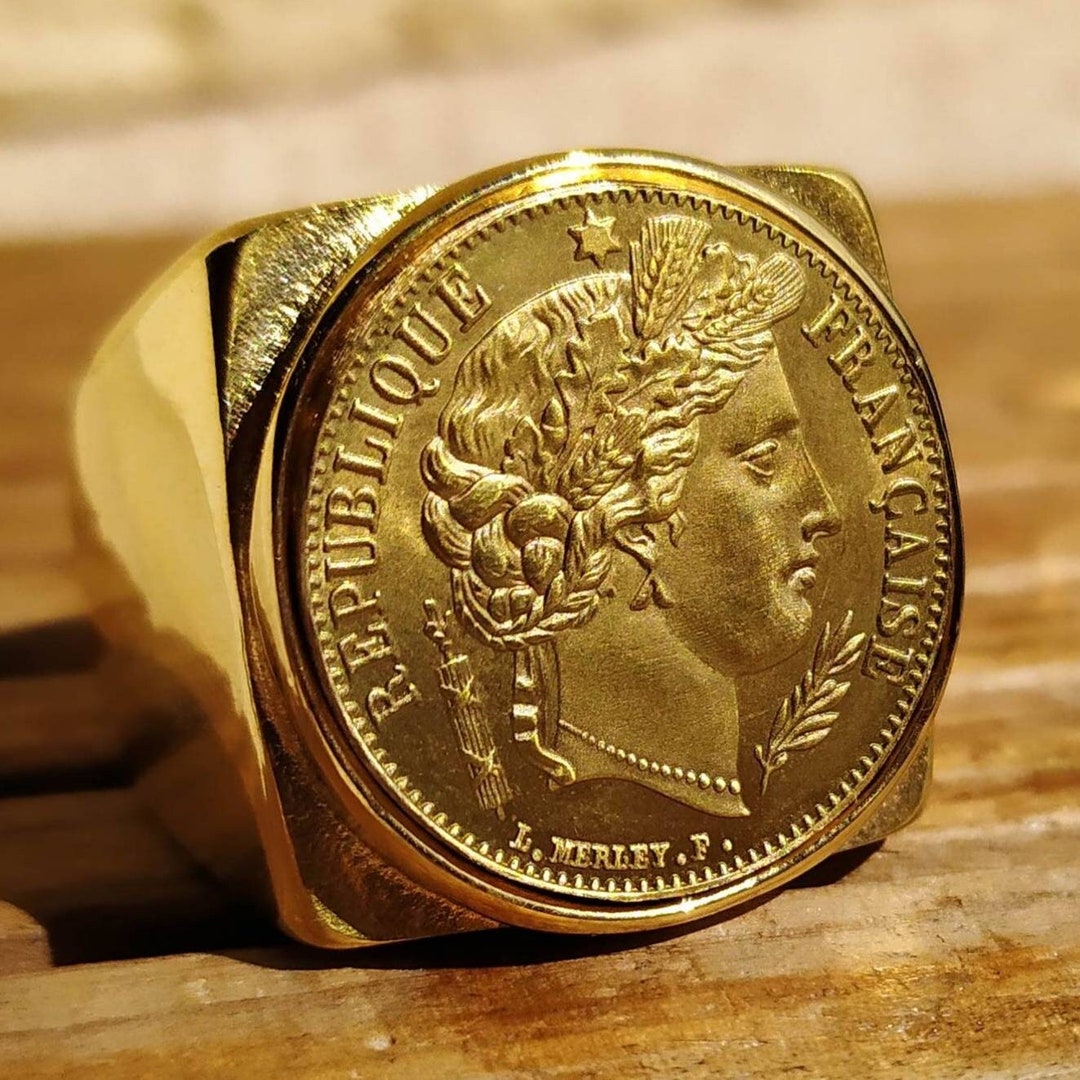 Ceres Rings Square Signet Ring 20 Francs Cérès in Gold Plated Stainless Steel Very ...