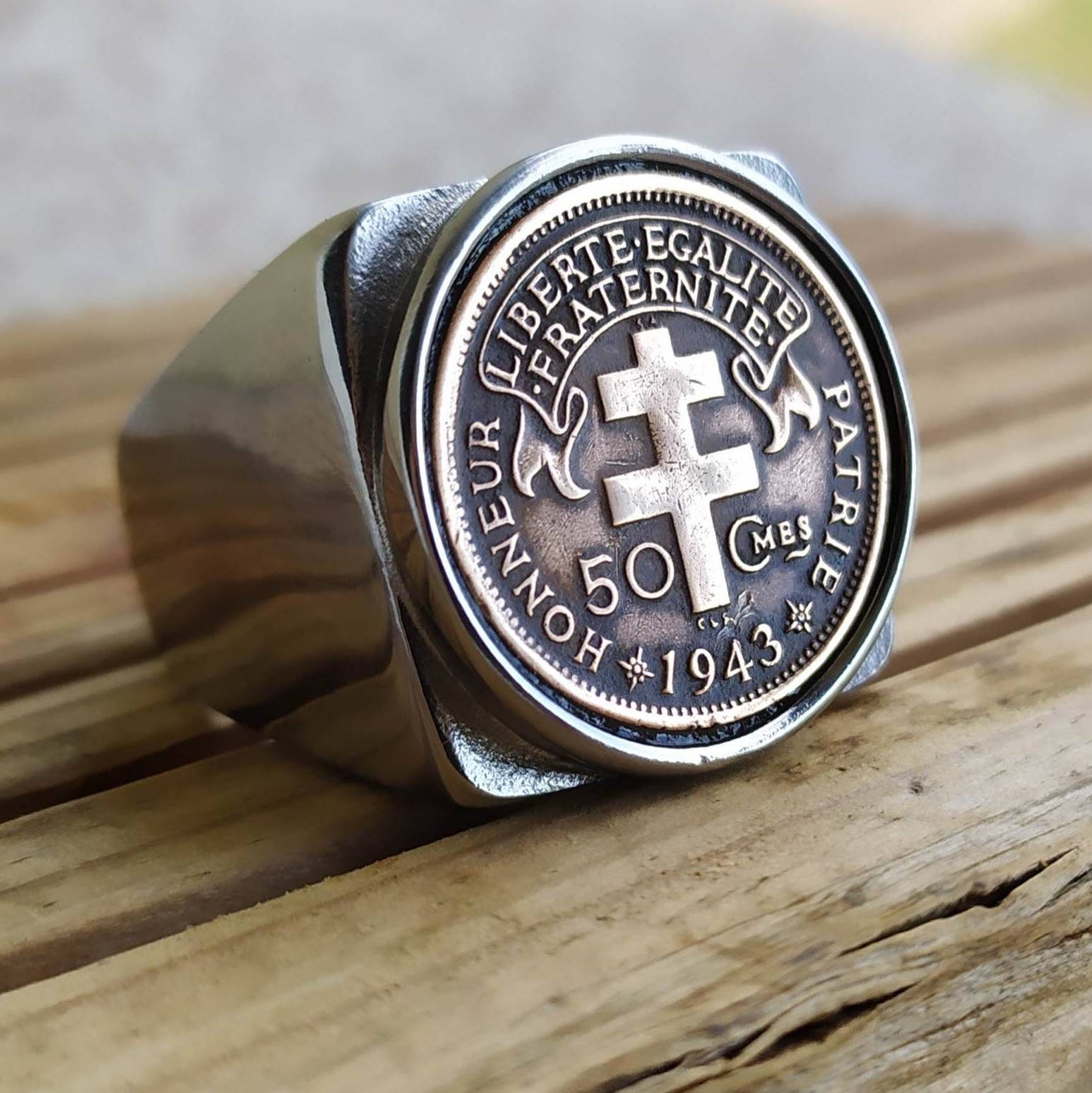 Genuine Square Signet Ring 50 Cent Coin 1943 Cross of Lorraine