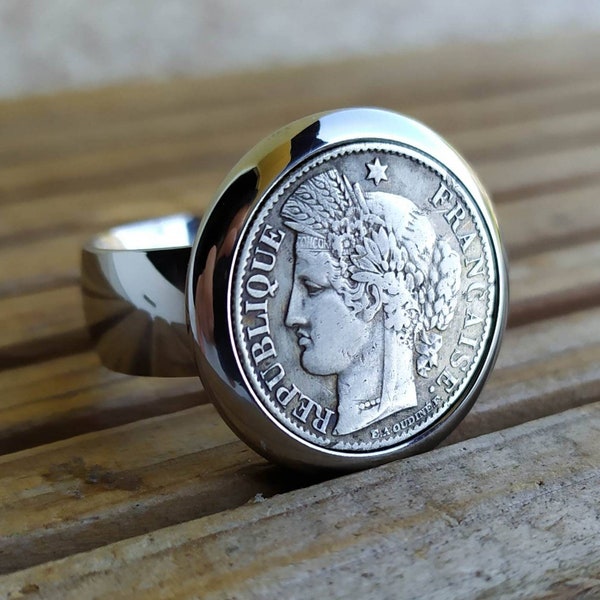 Bague Pièce de monnaie - France 50 centimes Argent Cérès Fait à la main