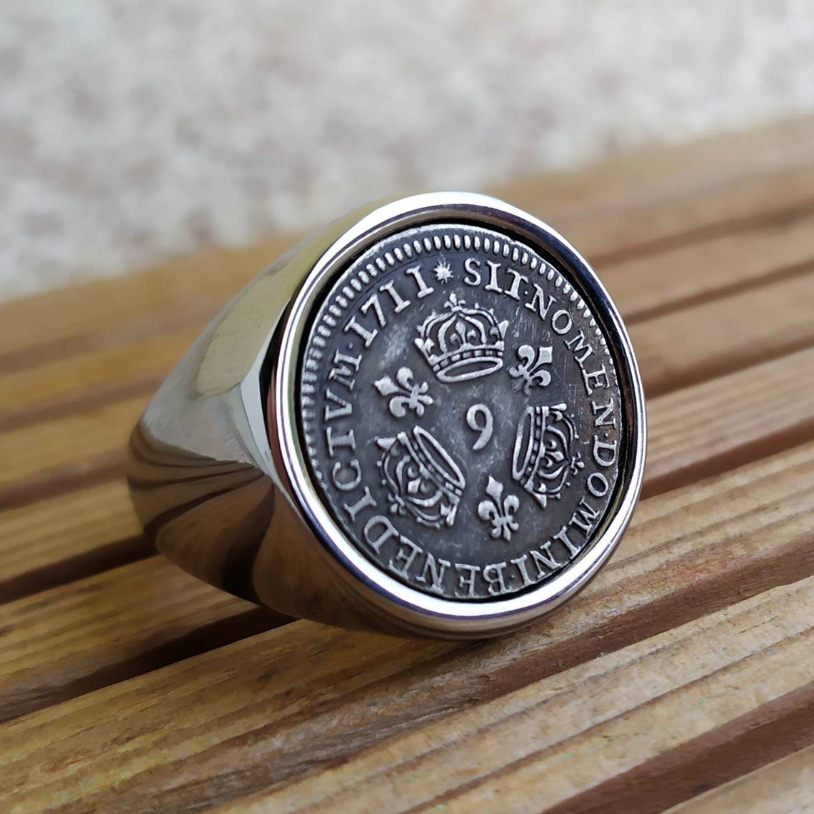 Bague Chevalière En Acier Inoxydable Avec Pièce Semeuse Véritable - Taille Ajustable - Occasion