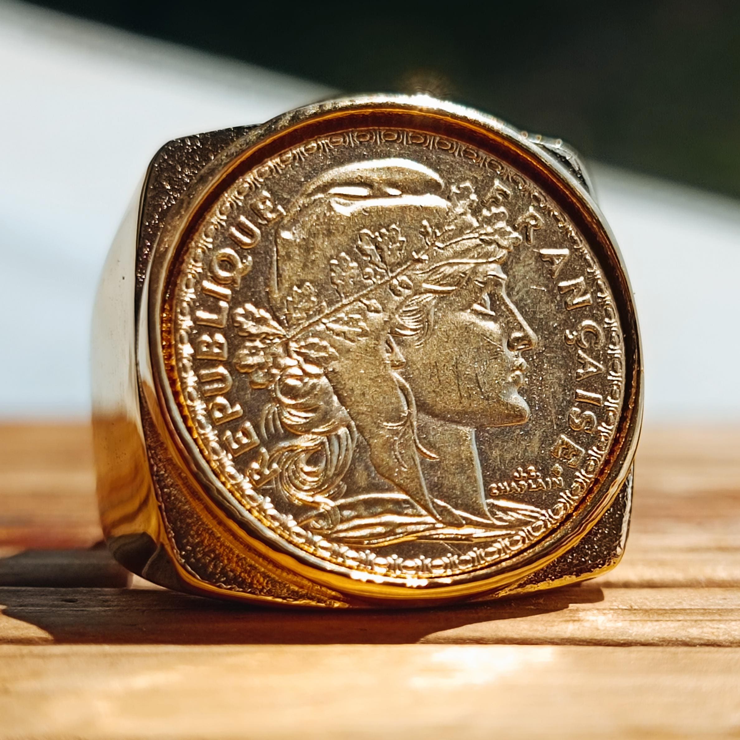 Square Signet Ring, 20 Francs, Rooster, Gold, Marianne, French
