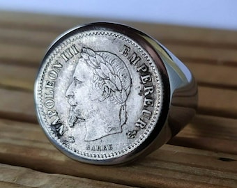 Signet Ring Genuine Silver Coin 20 Centimes Napoleon III Handmade!