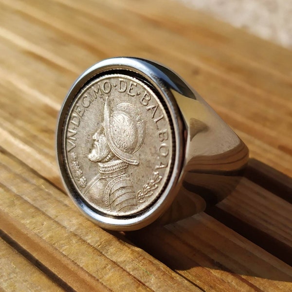 Signet Ring Genuine Silver Coin 1/10 Balboa Panama "Conquistador" in Stainless Steel Very Nice Finish