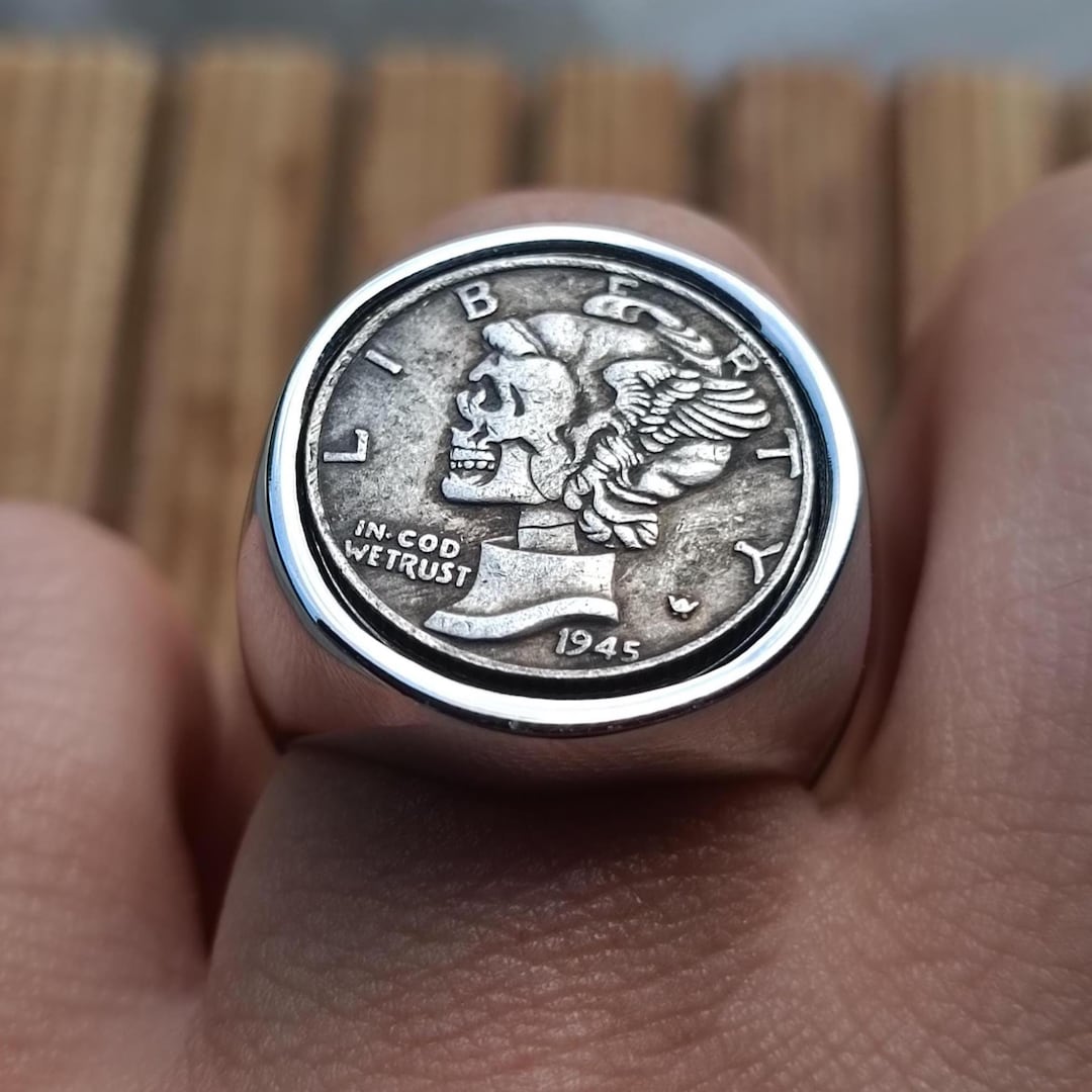 Daime Rind Hobo Coin Signet Ring Skeleton Skull One Dime Mercury Dime USA Handmade ...