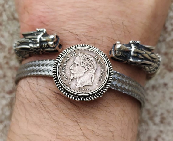 Bracelet Ancien En Métal Argenté Avec Pièces Napoléon III - Vintage - Excellent état