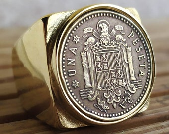 Anillo de Sello Cuadrado Escudo de España en Acero Inoxidable Dorado con Oro Fino Muy Bonito Acabado Hecho a Mano