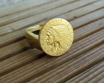 Liberty Indian Signet Ring in Solid Stainless Steel, Gold Plated, Beautifully Finished, Handmade
