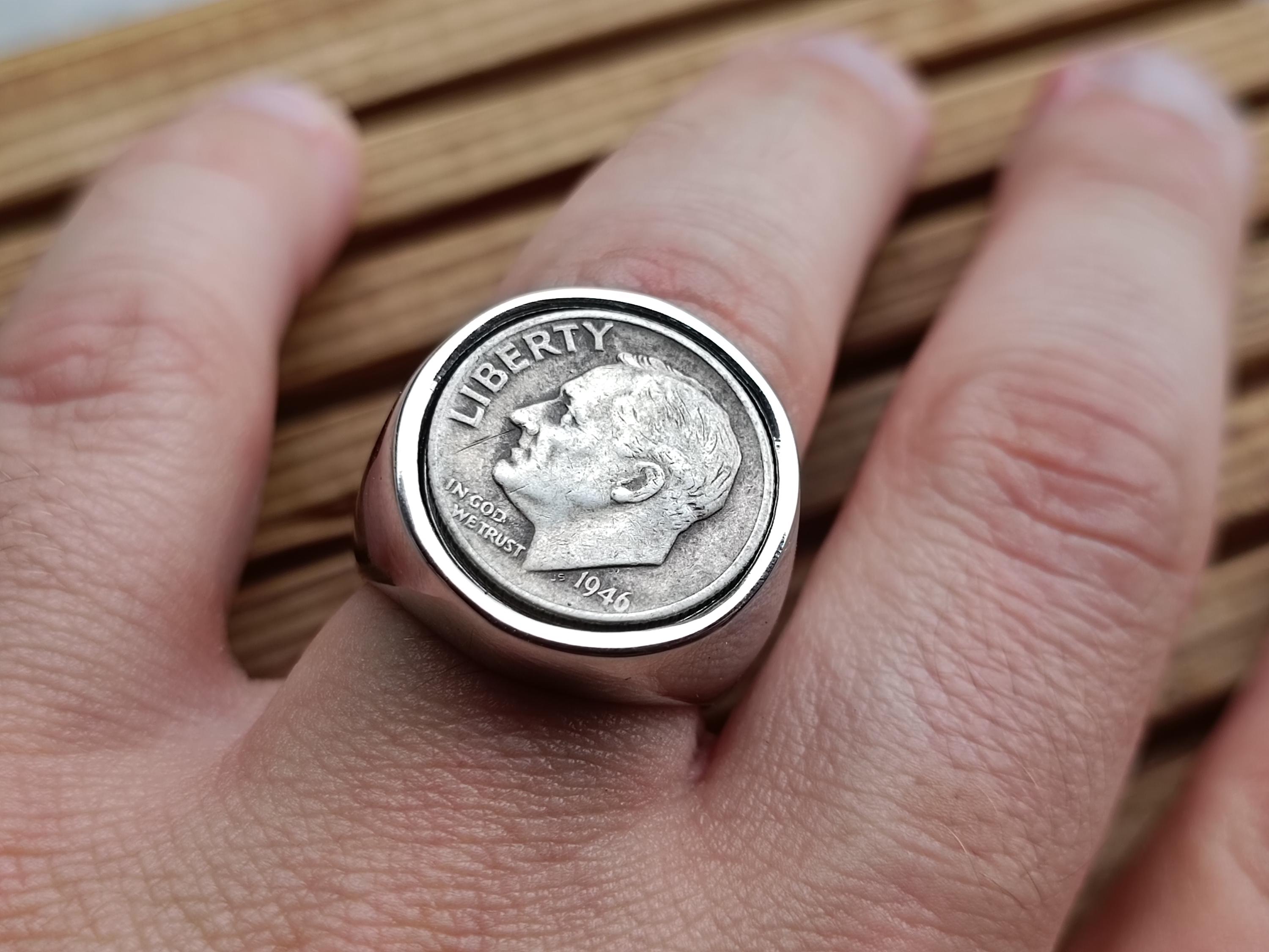 Genuine Franklin D. Roosevelt Silver 10 Cent Coin Signet Ring in