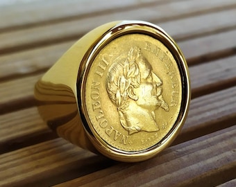 Bague Chevalière 10 Francs Napoléon III en Acier Inoxydable Doré Or Fin Très Belle Finition