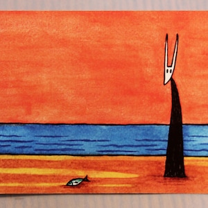 Carte postale, aquarelle, orange, solitaire, mer, sur la plage, animal, créature mignonne, carte de vœux, impression, poisson, ciel, Kasvoomi