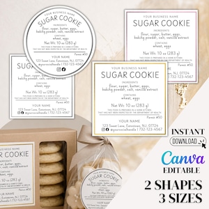 Può includere: Etichette per biscotti allo zucchero con testo che include ingredienti, peso netto (283 g) e informazioni aziendali. Le etichette sono disponibili in varie forme e dimensioni, con un design modificabile di Canva. L'immagine include anche una scatola e un sacchetto di biscotti.