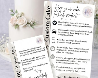Plantilla de tarjeta de cuidado de pasteles, inserto editable para pastelería, tarjeta de instrucciones para pasteles, guía imprimible para el cuidado de pasteles de boda.