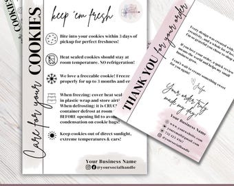 Cookie Care Card Template, Bakery Packaging Insert, Editable Canva (Digital Download)