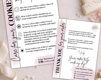 Cookie Care Card Template, Bakery Packaging Insert, Editable Canva (Digital Download)