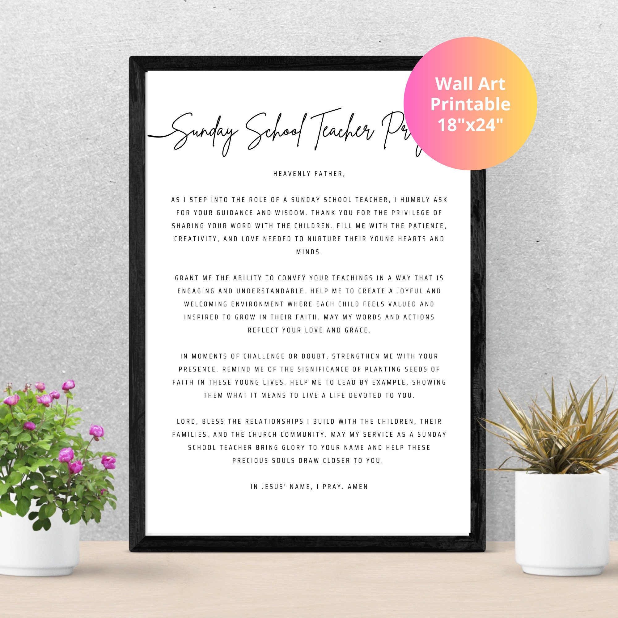 Sunday School Teacher Prayer Wall Art Printable Christian Kids Church ...