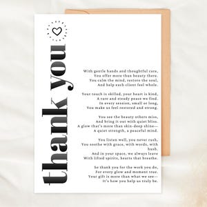 Kosmetikerin Danke Gedicht Karte druckbare Christian Grußkarte Spa Therapeut Wertschätzung Geschenk Digital Download faltbare Karte vorhanden